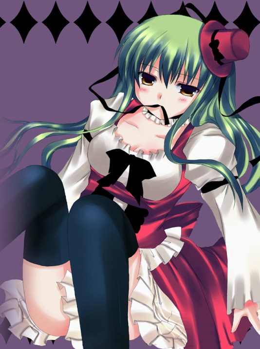 azumi kazuki, c.c., code geass, 00s, clothes between thighs, green hair, mouth hold, solo, thighhighs