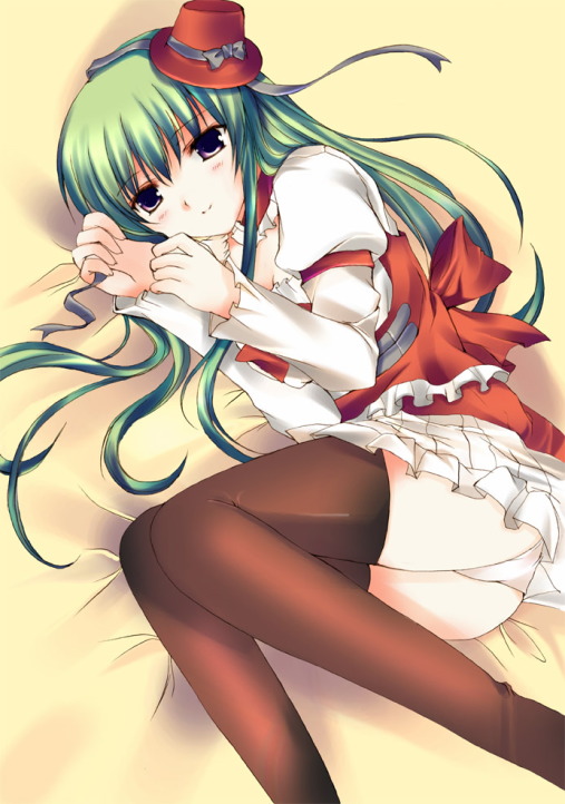 azumi kazuki, c.c., code geass, 00s, blush, green hair, miniskirt, panties, skirt, solo, thighhighs, underwear, white panties, zettai ryouiki