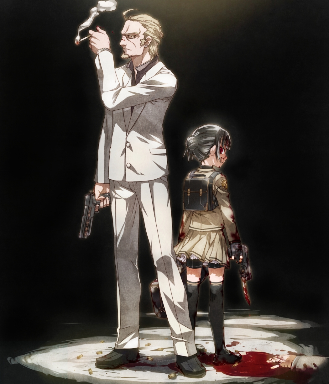 bunbun, highres, 1boy, 1girl, backpack, bag, blood, cigarette, formal clothes, gun, handgun, pistol, randoseru, school uniform, serafuku, shell casing, smoking, suit, thighhighs, weapon