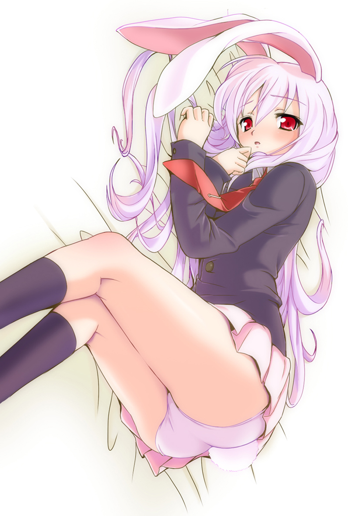 r-type nirvana, reisen udongein inaba, touhou, 1girl, animal ears, ass, bed, blush, female focus, kneehighs, long hair, necktie, panties, pantyshot, pink hair, rabbit ears, red eyes, red necktie, school uniform, serafuku, socks, solo, underwear
