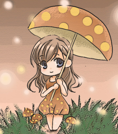 sinko (sinsin), 1girl, blue eyes, brown hair, chibi, dress, eyelashes, female focus, grass, holding, holding umbrella, long hair, mushroom, polka dot, smile, solo, standing, umbrella