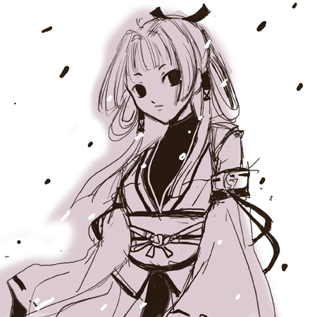 sinko (sinsin), lowres, 1girl, female focus, japanese clothes, monochrome, purple theme, solo