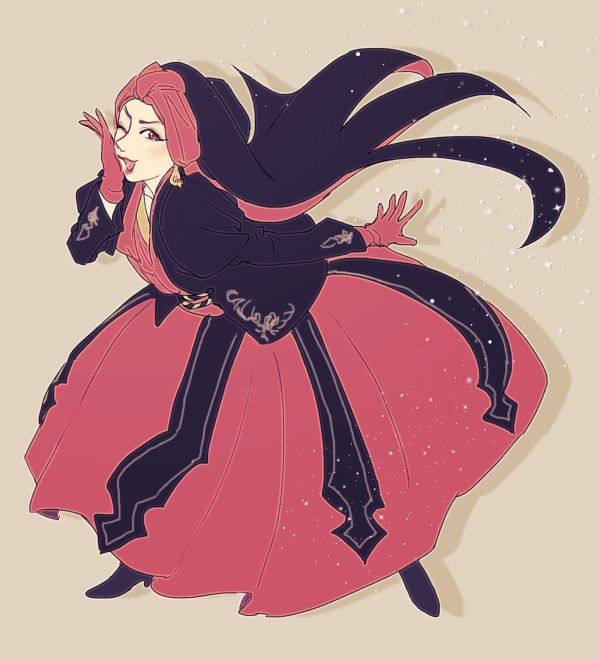 farja, disneyland, artist request, commentary request, non-web source, source request, translation request, 1girl, animification, arabian clothes, black hair, dress, earrings, formal clothes, full body, gloves, jewelry, lipstick, long hair, long sleeves, makeup, one eye closed, red gloves, simple background, smile, solo