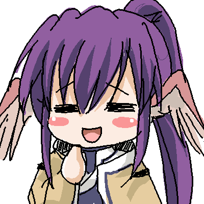sinko (sinsin), touka (utawarerumono), utawarerumono, lowres, 00s, 1girl, animal ears, blush, blush stickers, chibi, female focus, head wings, long hair, ponytail, purple hair, solo, wings