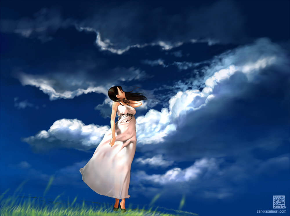 yasumori zen, original, black hair, brown eyes, cloud, day, dress, from side, ribbon-trimmed dress, ribbon trim, sky, solo, standing, watermark, web address, wind