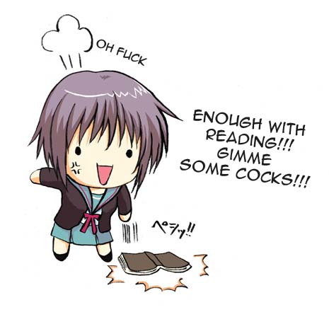nagato yuki, suzumiya haruhi no yuuutsu, clothes, lowres, !, !!, 00s, 1girl, ^^^, anger vein, black eyes, book, chibi, english text, female focus, full body, open book, open mouth, purple hair, simple background, solo, text focus