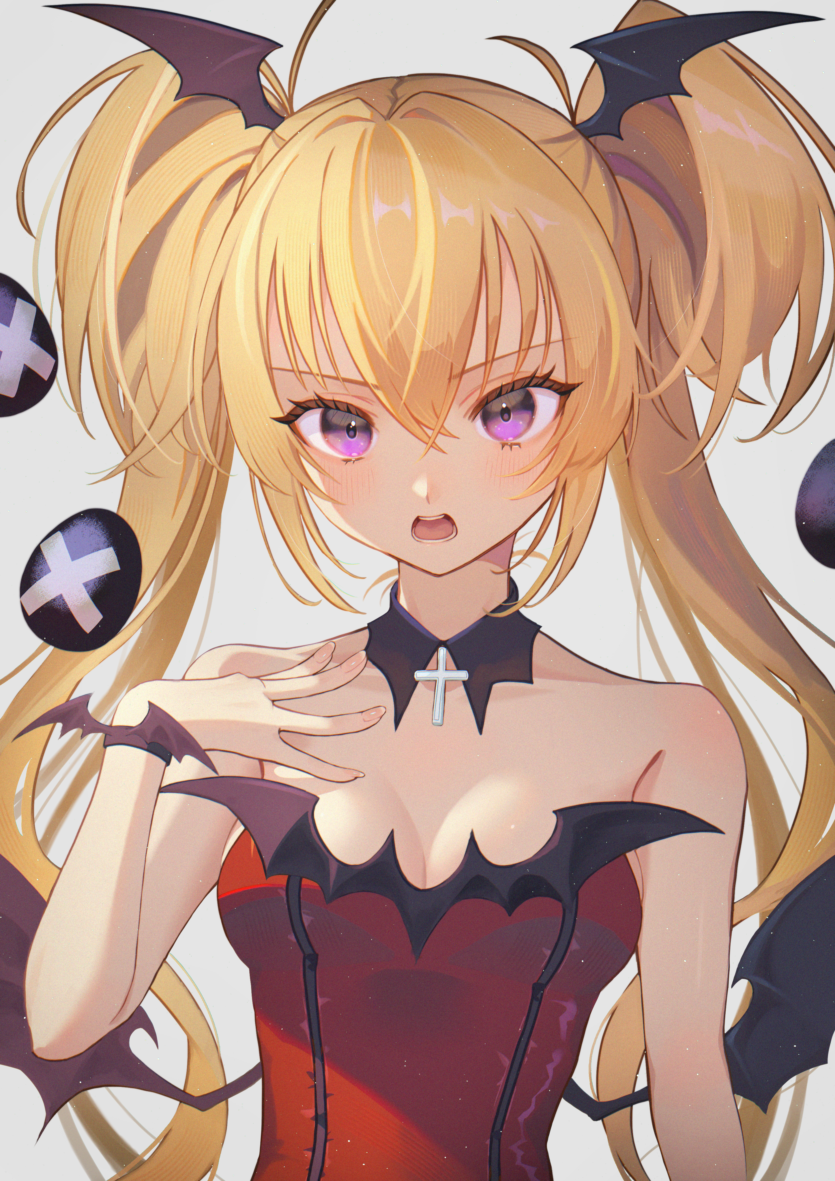 hoshina utau, original, shugo chara!, absurdres, highres, 1girl, amanegi toro, blonde hair, breasts, dress, guardian chara, hair ornament, jewelry, long hair, looking at viewer, magical girl, purple eyes, shirt, simple background, solo, twintails, white background