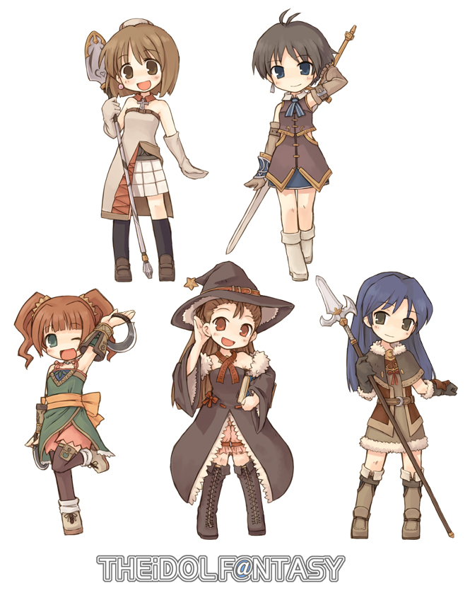 7010, hagiwara yukiho, kikuchi makoto, kisaragi chihaya, minase iori, takatsuki yayoi, idolmaster, idolmaster (classic), idolmaster 1, 00s, 5girls, chibi, everyone, fantasy, multiple girls, polearm, spear, sword, thighhighs, weapon