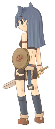 7010, animal ears, blue hair, shield, socks, solo, sword, weapon