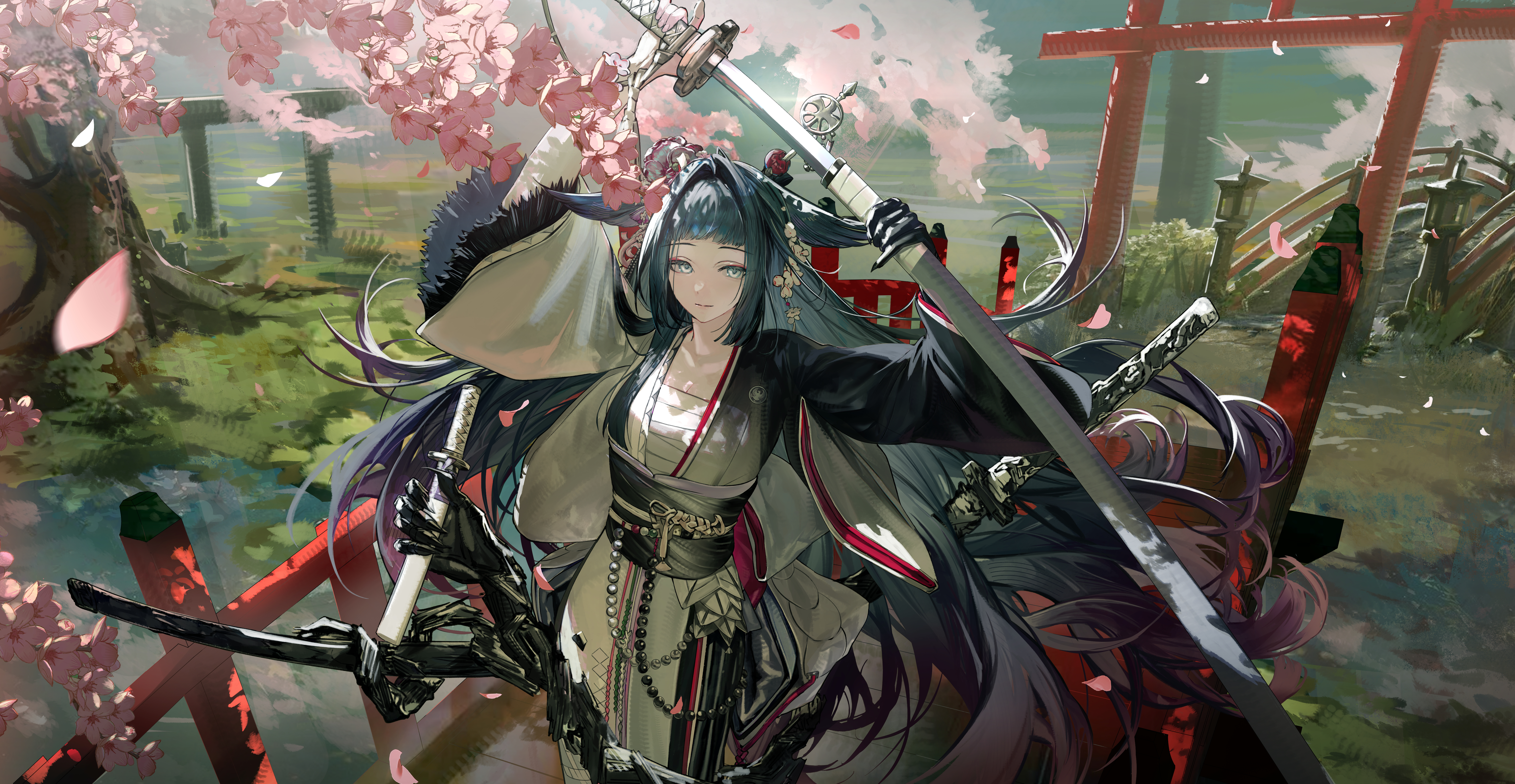 igawa hikaru, mio (arknights), arknights, absurdres, commentary, highres, 1girl, black hair, blue eyes, chest sarashi, flower, hair wings, holding, holding sword, holding weapon, japanese clothes, kimono, long hair, multiple swords, pink flower, sarashi, scabbard, sheath, solo, sword, two-tone kimono, weapon