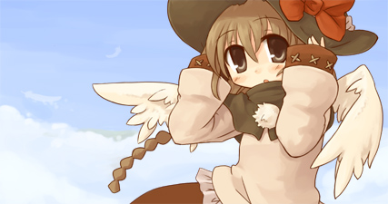 7010, lowres, braid, brown eyes, brown hair, hat, wings