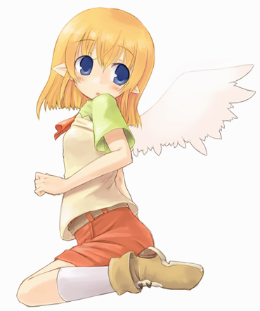 7010, lowres, blonde hair, blue eyes, pointy ears, short hair, shorts, socks, solo, wings