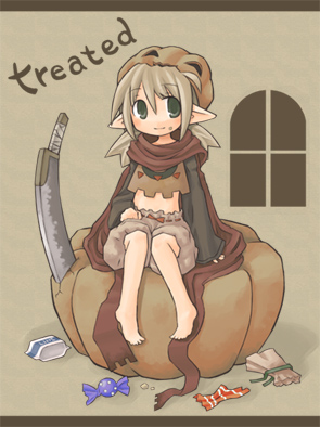 7010, original, lowres, 1girl, barefoot, bloomers, candy, female focus, food, green eyes, grey hair, halloween, jack-o'-lantern, letterboxed, midriff, pointy ears, pumpkin, pumpkin hat, scarf, sitting, solo, sword, underwear, weapon, window