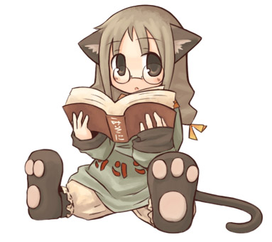 7010, lowres, animal ears, animal hands, book, braid, brown hair, glasses, solo, tail