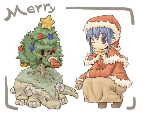 7010, lowres, capelet, christmas, christmas tree, hat, one eye closed, pointy ears, santa costume, santa hat, solo, wink