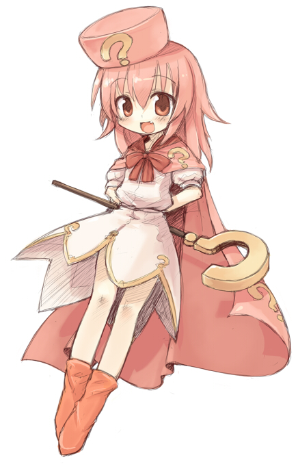 7010, hatena yousei, benesse, 1girl, cape, fang, female focus, hat, pink hair, pink hat, solo