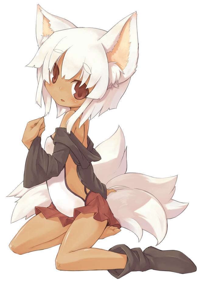 7010, original, 1girl, animal ears, barefoot, blush, brown eyes, dark-skinned female, dark skin, female focus, fox ears, fox tail, looking at viewer, multiple tails, shoes, short eyebrows, short hair, single shoe, sitting, solo, tail, wariza, white hair