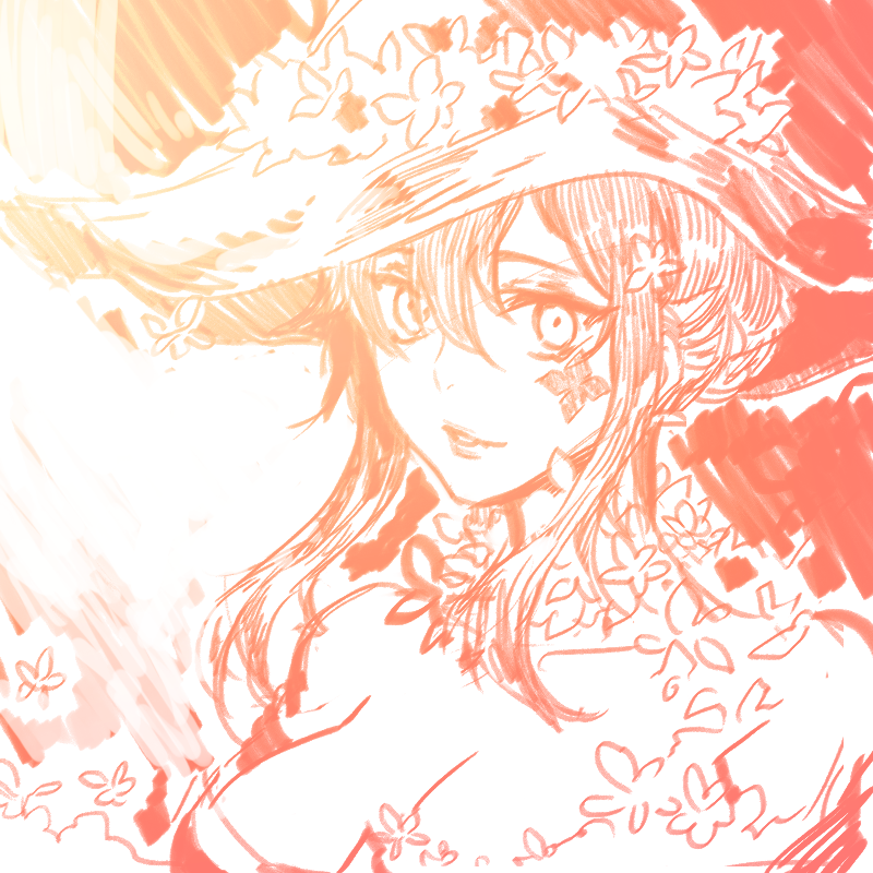 oldtree (ayoon87), v lila f, yozakura quartet, 1girl, breasts, brown hair, flower, hair flower, hair ornament, hat, large breasts, long hair, looking at viewer, monochrome, smile, solo, witch hat