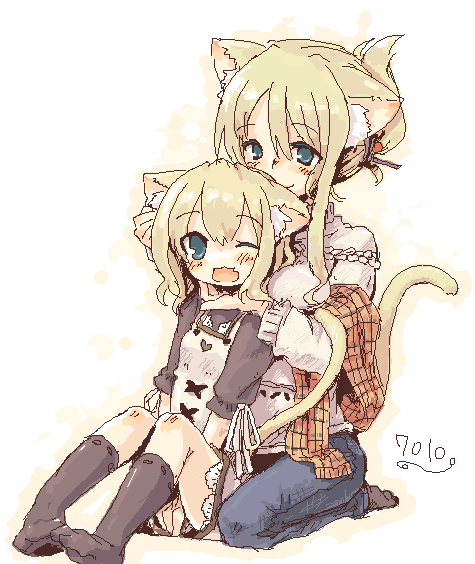 7010, age difference, animal ears, cat ears, cat tail, denim, feet, hug, jeans, kneeling, mother and daughter, oekaki, one eye closed, pants, smile, socks, tail, wink