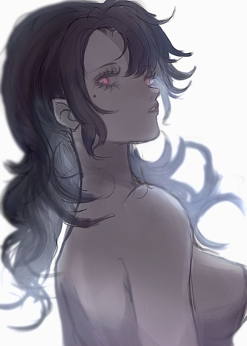 akai ringo (eveyuno), original, 1girl, black hair, blurry, long hair, looking at viewer, looking back, nude, solo, upper body, wavy hair, white background