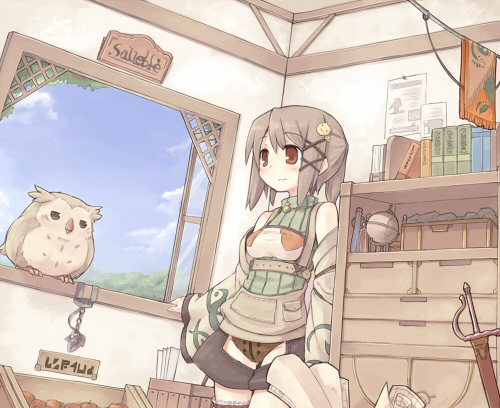 7010, original, lowres, 1girl, blush, breasts, brown hair, female focus, short hair, smile, solo, window
