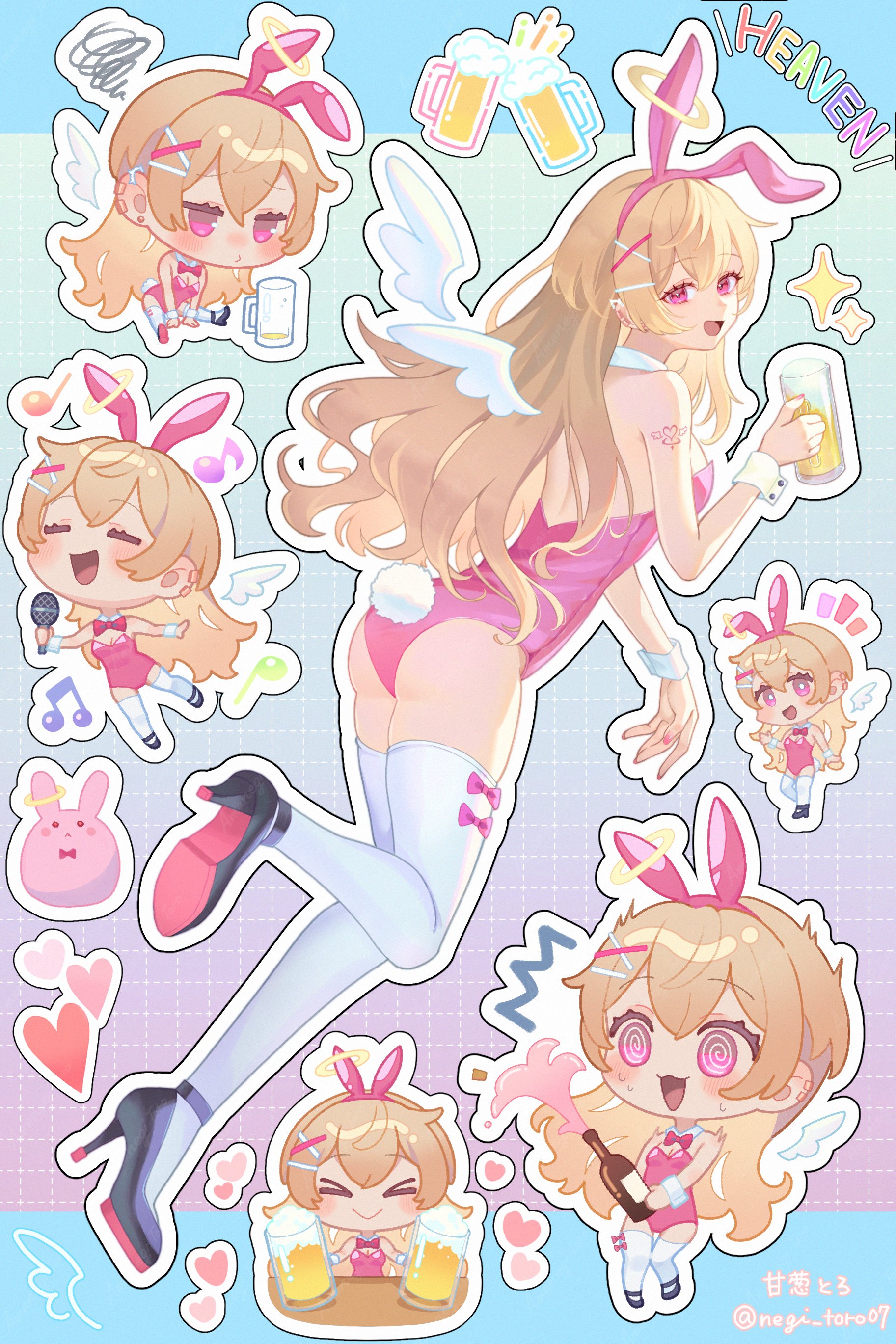 original, absurdres, highres, 1girl, alcohol, amanegi toro, angel, beer, breasts, feathers, full body, fullchibin, heart, large breasts, leotard, long hair, looking at viewer, microphone, open mouth, pink leotard, playboy bunny, smile, solo, wings