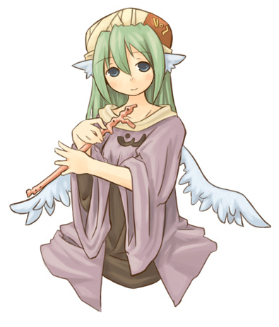 7010, lowres, flute, green eyes, green hair, hat, head wings, instrument, solo, wings