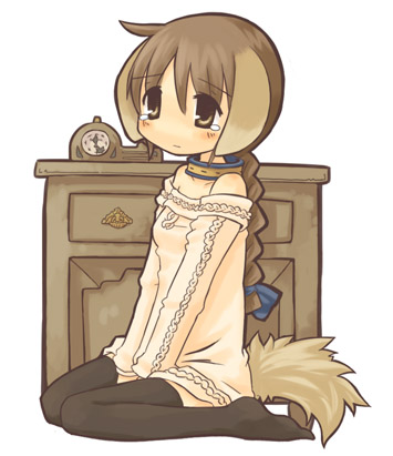 7010, lowres, animal ears, bare shoulders, braid, collar, dog ears, solo, tail, tears, thighhighs
