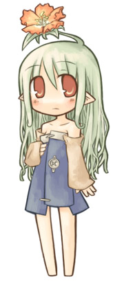 7010, lowres, tagme, chibi, flower, flowerhead, green hair, pointy ears, solo, white background