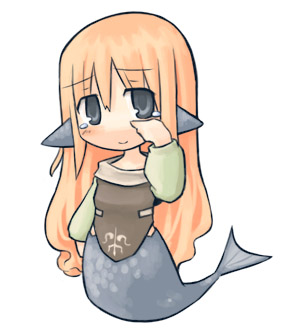 7010, lowres, 1girl, animal ears, blue eyes, blush, chibi, dress, female focus, fins, fish tail, head fins, long hair, mermaid, monster girl, orange hair, scales, smile, solo, tail, tears, white background, wiping tears