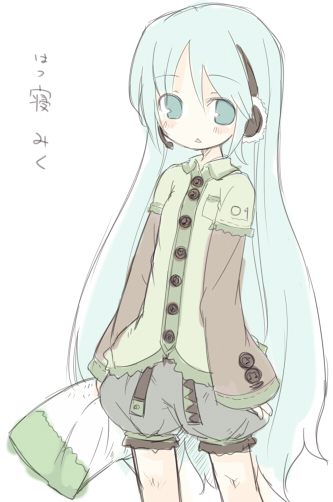 7010, hatsune miku, vocaloid, translation request, bloomers, headphones, long hair, pillow, solo, underwear, very long hair