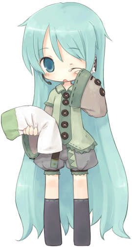 7010, hatsune miku, vocaloid, 1girl, aqua eyes, aqua hair, bloomers, chibi, child, female focus, long hair, pillow, sleepy, socks, solo, underwear, wings