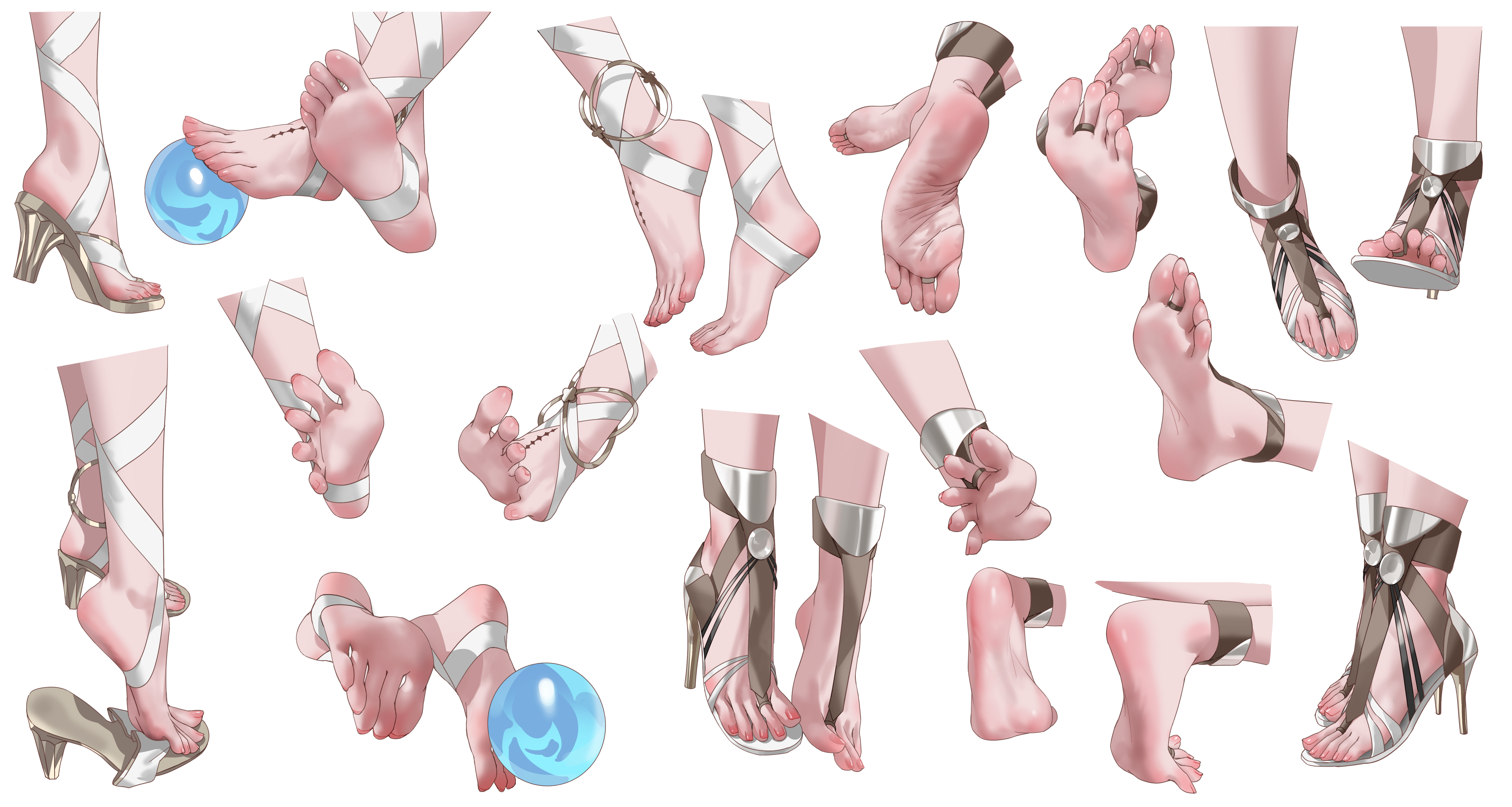 haine 1871, augusta (wuthering waves), iuno (wuthering waves), wuthering waves, absurdres, commentary, english commentary, highres, 2girls, barefoot, feet, feet only, foot focus, high heels, leg wrap, multiple girls, multiple views, orb, simple background, soles, spread toes, stirrup legwear, tacet mark (wuthering waves), toeless legwear, toenails, toes, white background