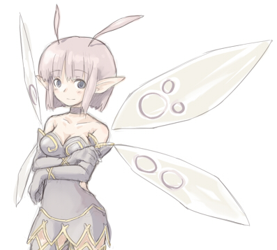 7010, lowres, antennae, bare shoulders, collar, crossed arms, fairy, mini person, minigirl, pointy ears, solo, wings