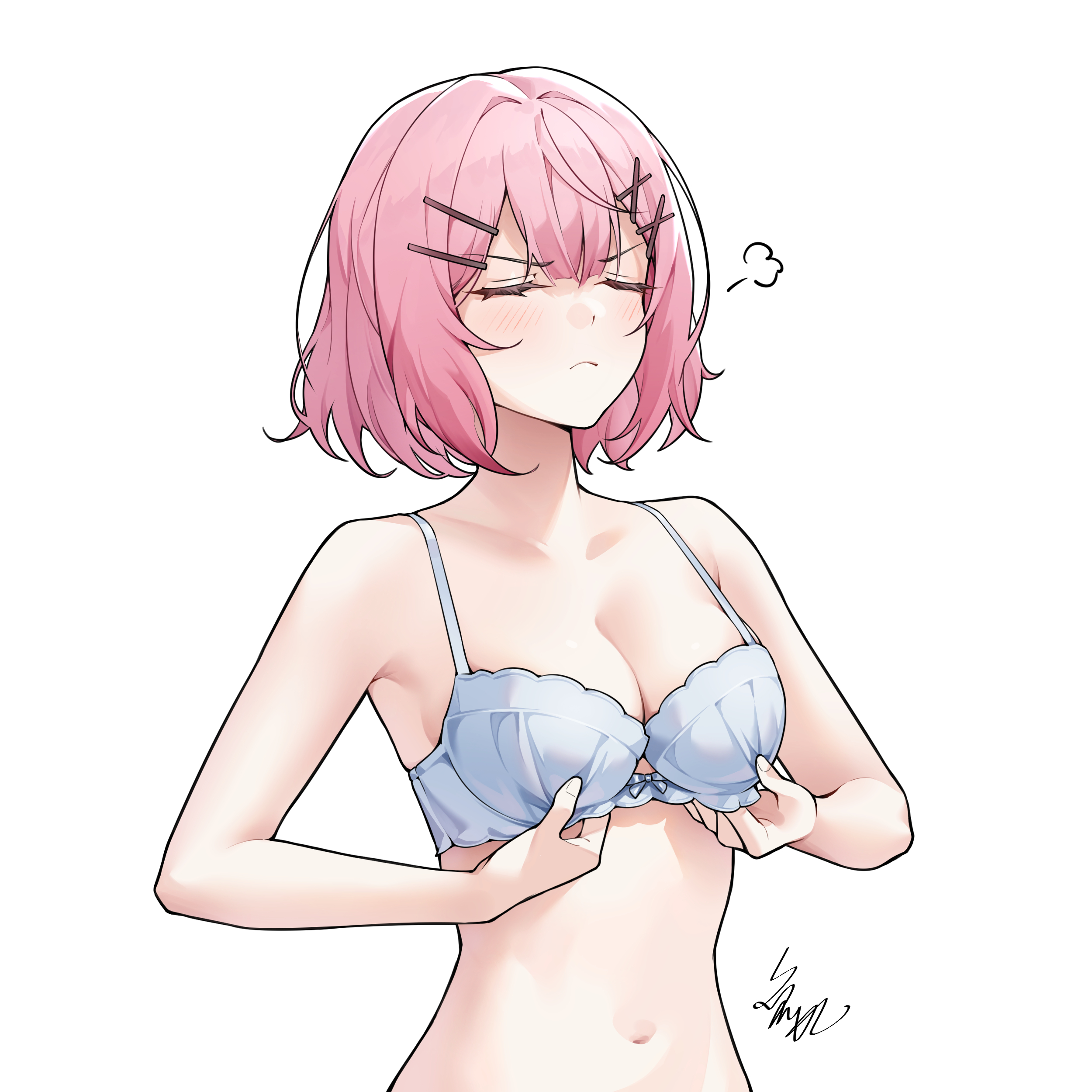 mian li, amaori renako, watashi ga koibito ni nareru wake naijan murimuri!, absurdres, highres, 1girl, blush, bra, breasts, closed eyes, frilled bra, frills, medium breasts, navel, pink hair, short hair, solo, standing, stomach, underwear, white background, white bra