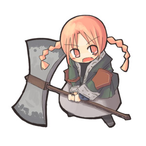 7010, lowres, axe, braid, chibi, solo, twin braids, weapon