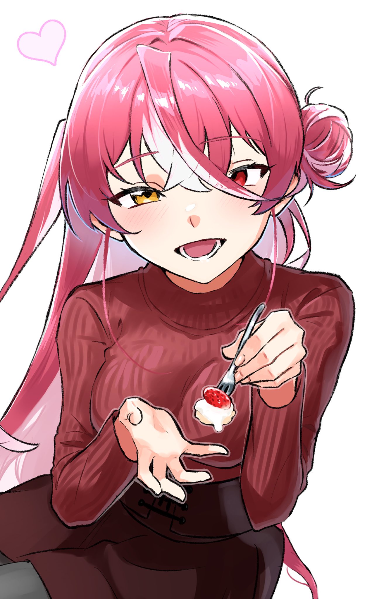 hidariude, houshou marine, hololive, commentary request, highres, 1girl, breasts, brown skirt, choppy bangs, cowboy shot, feeding, food, fork, fruit, hair between eyes, hair bun, hands up, heart, heterochromia, holding, holding fork, long bangs, long hair, looking at viewer, multicolored hair, one side up, open mouth, pink hair, red eyes, red sweater, ribbed sweater, simple background, sitting, skirt, smile, solo, strawberry, streaked hair, sweater, sweater tucked in, very long hair, virtual youtuber, white background, white streaks, yellow eyes