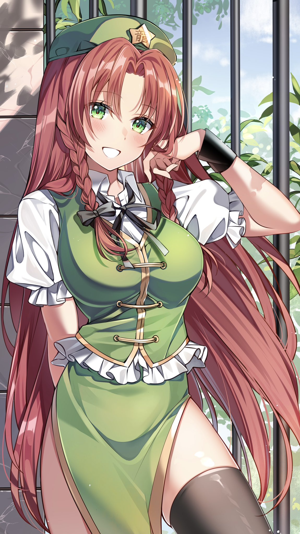 suzuka (nonnonsuzuki20), hong meiling, touhou, highres, 1girl, arm behind back, black thighhighs, blush, braid, chinese clothes, frills, gate, green eyes, green skirt, green vest, grin, hand in own hair, hat, hat ornament, long hair, looking at viewer, parted bangs, plant, red hair, shirt, short sleeves, skirt, smile, solo, star (symbol), star hat ornament, thighhighs, thighs, tree, twin braids, very long hair, vest, white shirt, wrist cuffs