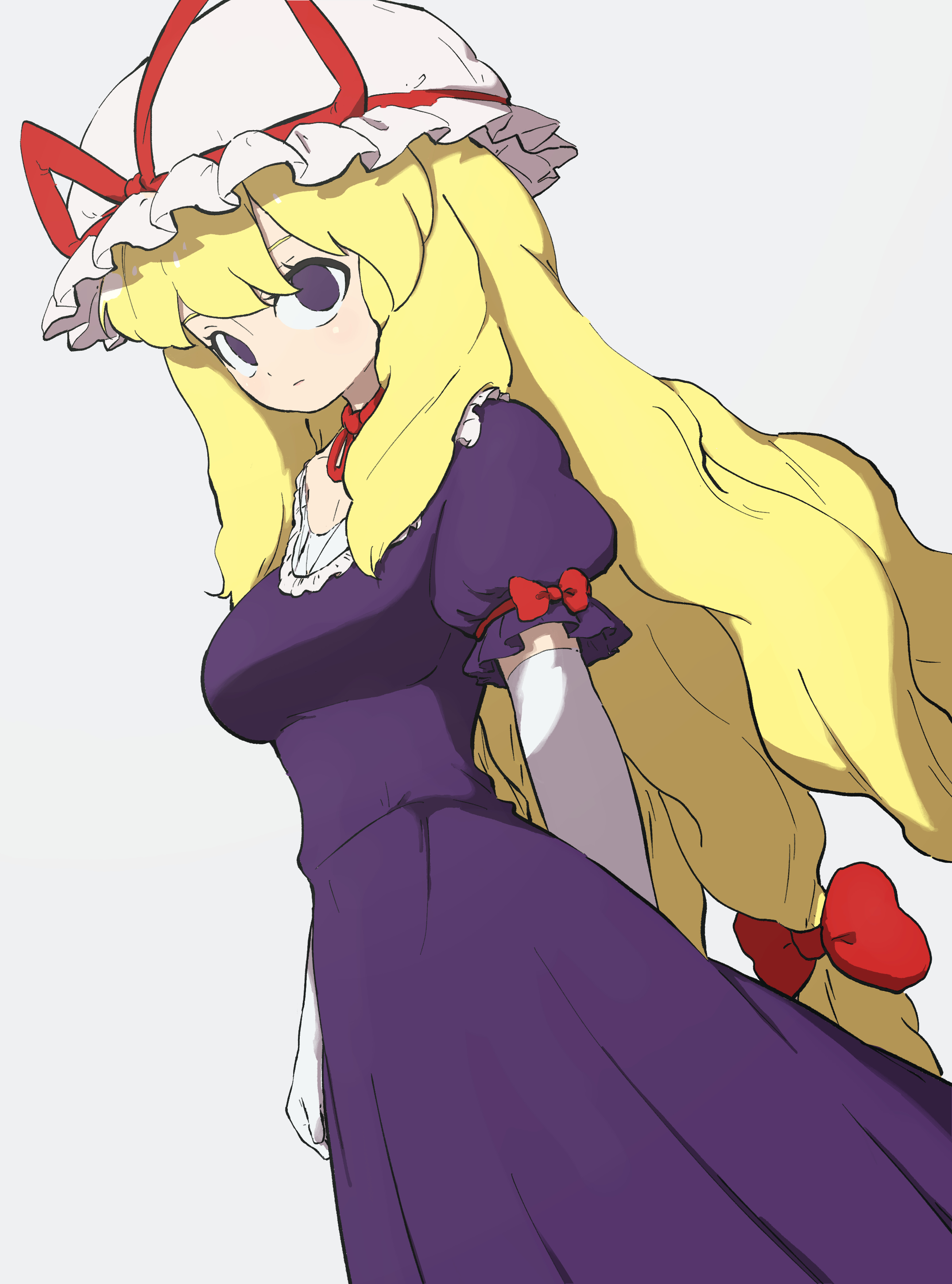 uzou (uzooooooooo), yakumo yukari, touhou, absurdres, highres, 1girl, blonde hair, breasts, closed mouth, dress, elbow gloves, expressionless, frills, gloves, grey background, hair ribbon, hat, long hair, looking at viewer, medium breasts, mob cap, purple dress, purple eyes, ribbon, short sleeves, sidelocks, solo, very long hair, white gloves