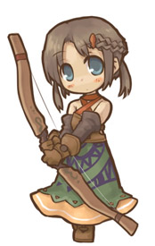 7010, lowres, blue eyes, bow (weapon), brown hair, chibi, solo, weapon