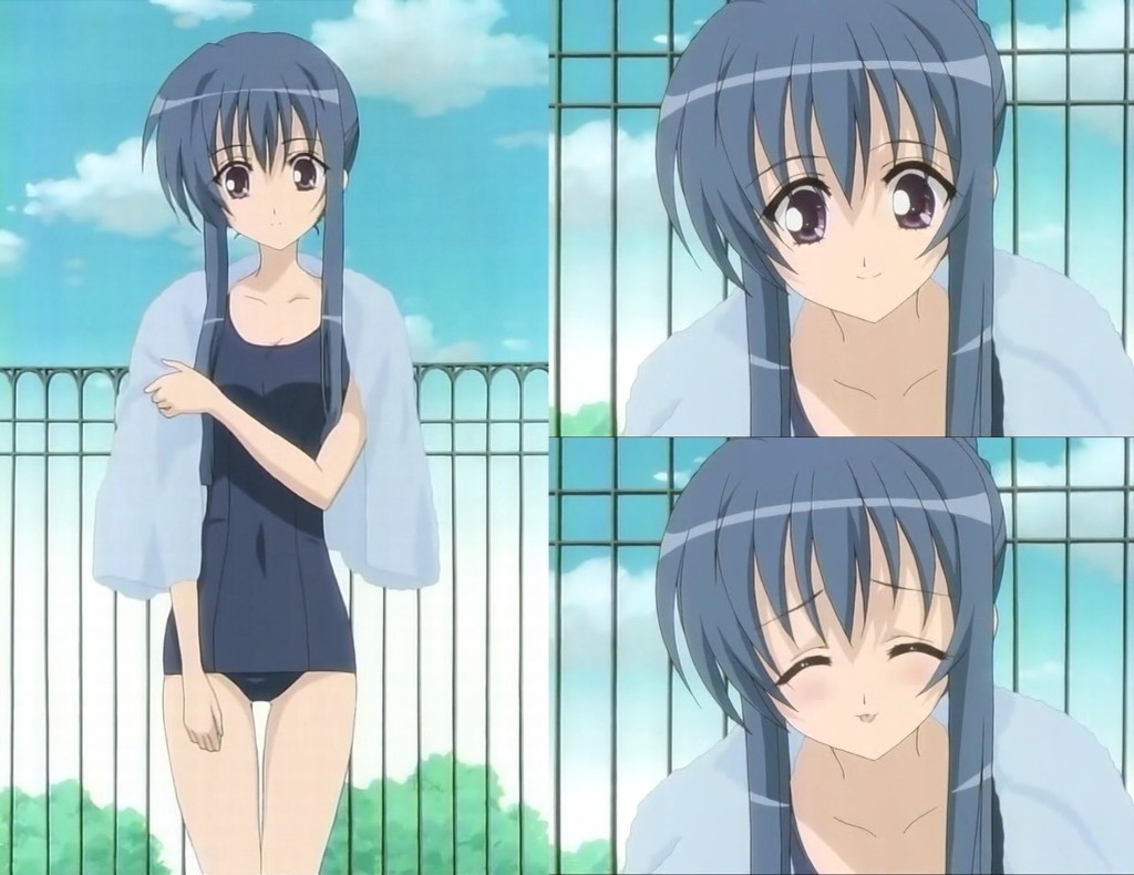 suzumi tamao, strawberry panic!, anime screenshot, 00s, 1girl, black one-piece swimsuit, cloud, cowboy shot, female focus, multiple views, one-piece swimsuit, outdoors, plant, portrait, school swimsuit, sky, standing, swimsuit