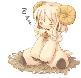 7010, lowres, 1girl, bell, chibi, faux figurine, female focus, full body, horns, midriff, monster girl, sheep, sheep girl, simple background, sitting, sleeping, solo, white background