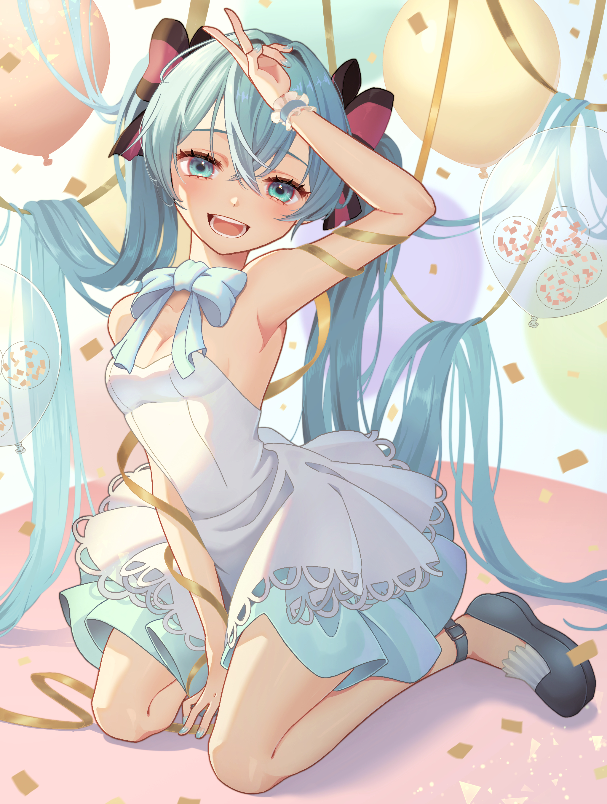 hatsune miku, vocaloid, absurdres, commentary request, highres, 1girl, amanegi toro, aqua eyes, aqua hair, armpits, balloon, between legs, bow, breasts, confetti, dress, hair bow, hair ornament, hand between legs, long hair, looking at viewer, open mouth, ribbon, sitting, small breasts, smile, solo, streamers, twintails, v, very long hair, wariza, white dress