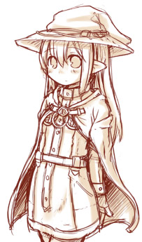 7010, lowres, 1girl, brown theme, cape, female focus, hat, monochrome, pointy ears, solo, witch hat