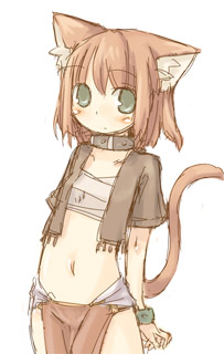 7010, lowres, animal ears, bandages, collar, green eyes, midriff, navel, red hair, sarashi, tail
