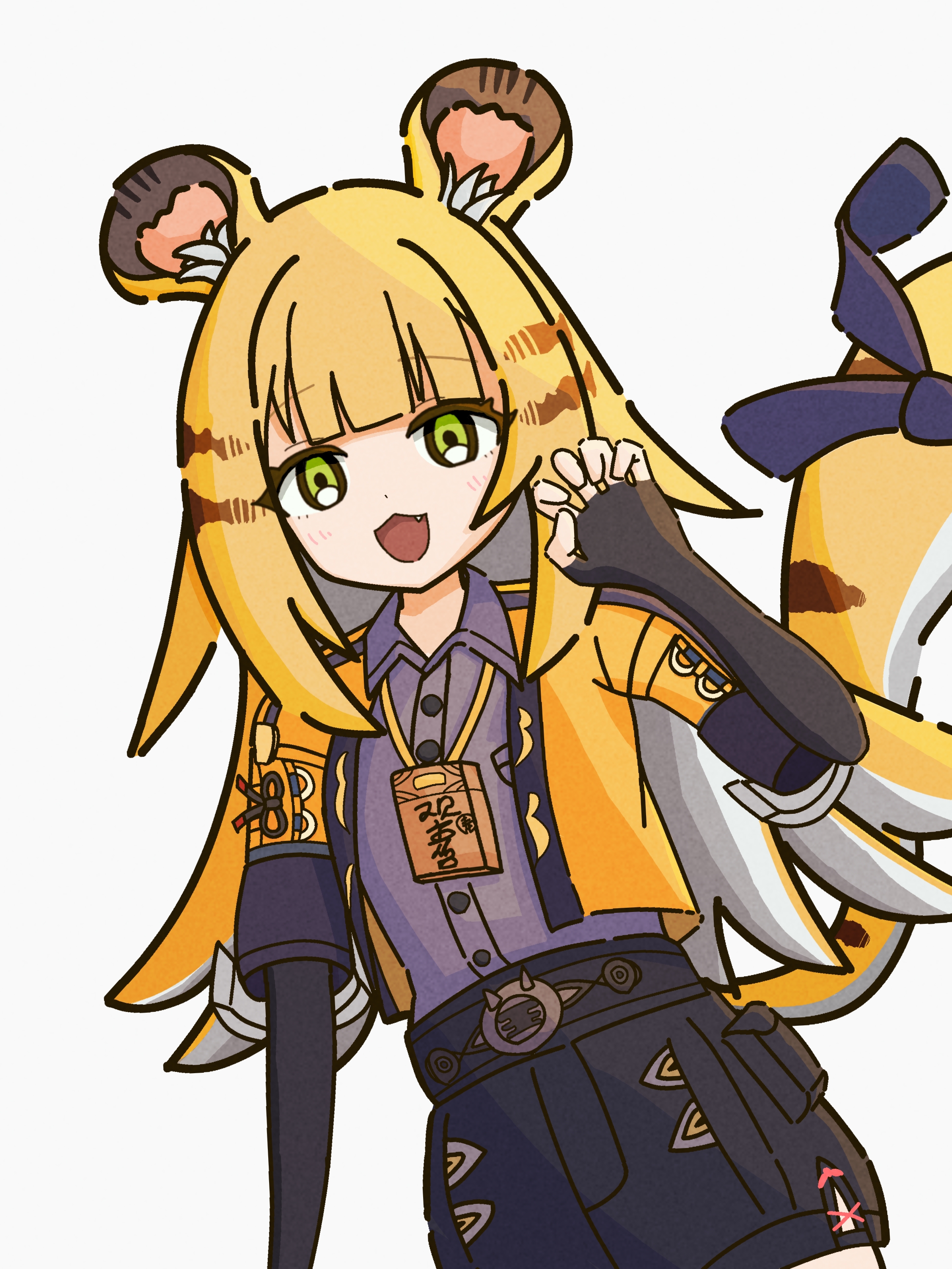 ju fufu, zenless zone zero, absurdres, highres, 1girl, animal ear fluff, animal ears, blonde hair, breasts, gloves, green eyes, jacket, kuri8t4, long hair, looking at viewer, multicolored hair, open mouth, shirt, shorts, smile, solo, tail, tiger ears, tiger girl, tiger tail