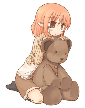 7010, lowres, brown eyes, orange hair, pointy ears, socks, solo, stuffed animal, stuffed toy, teddy bear
