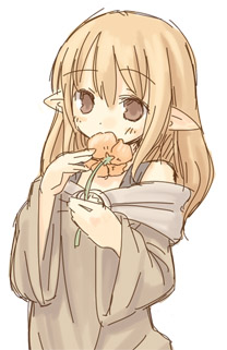 7010, lowres, 1girl, brown eyes, female focus, flower, pointy ears, solo