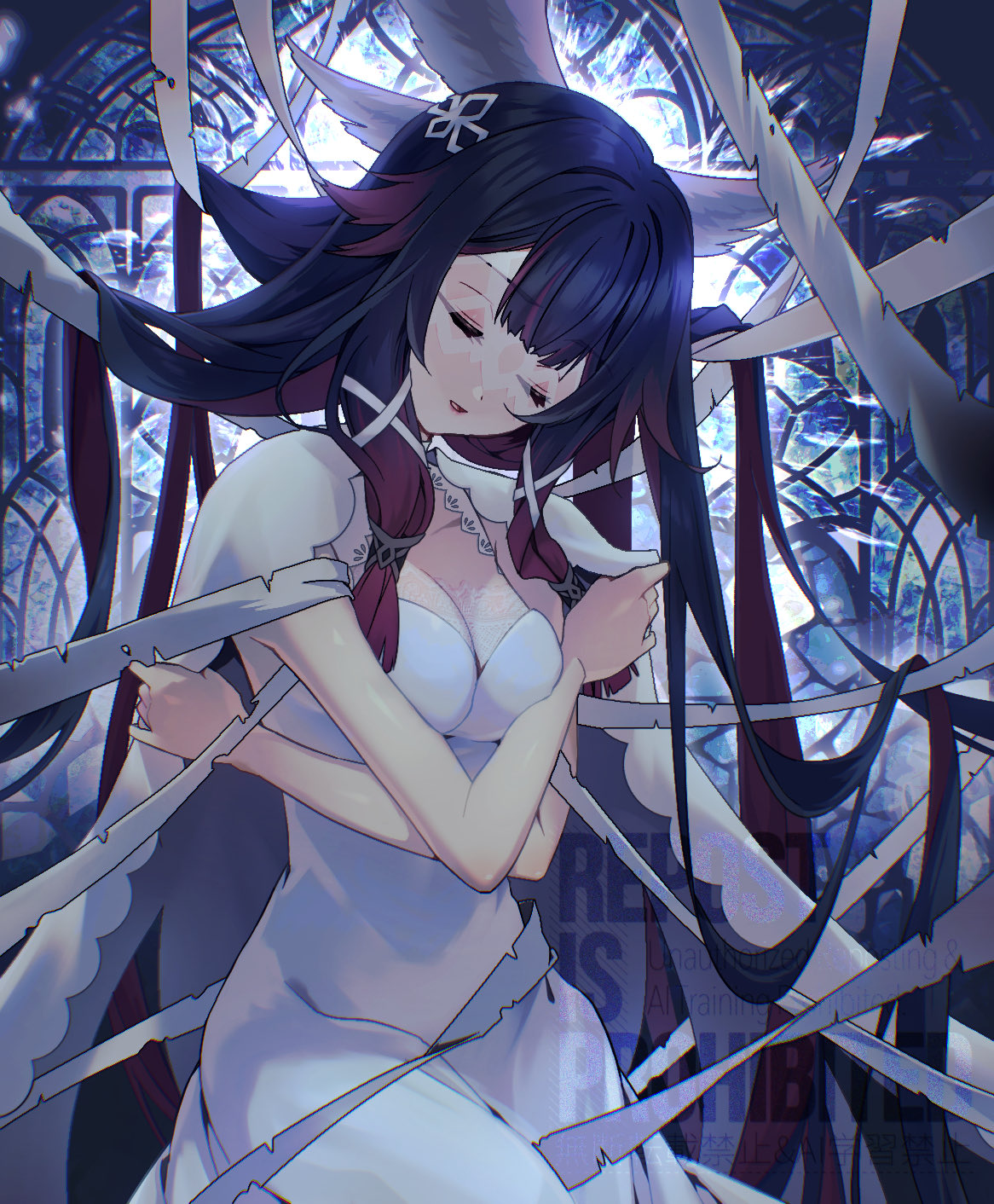 sora (garakuta waltz), columbina (genshin impact), genshin impact, highres, 1girl, alternate costume, bandages, black hair, breasts, cape, cleavage, closed eyes, dress, eye mask, hair ornament, head tilt, head wings, lace, lace trim, long hair, multicolored hair, pink hair, solo, streaked hair, two-tone hair, very long hair, white dress, white mask, wings, x-shaped eyewear