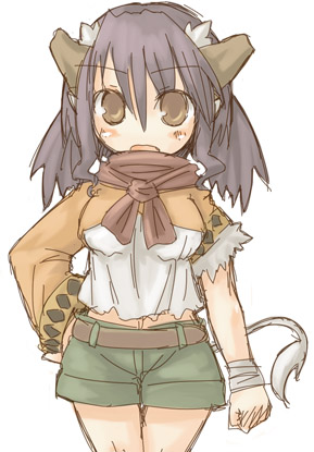 7010, lowres, 1girl, brown eyes, female focus, horns, navel, solo, tail
